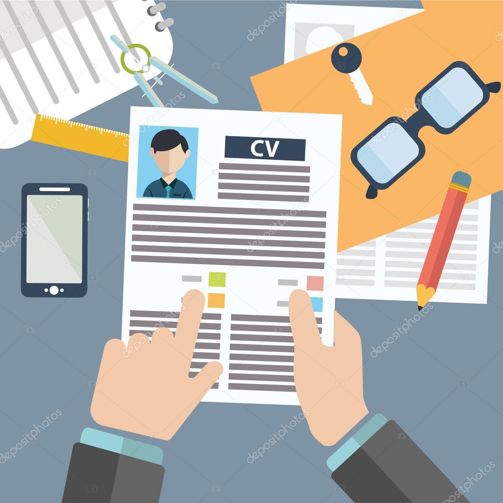 Vector illustration concept of human resources management, finding professional staff, head hunter job, employment issue and analyzing personnel resume.infographics