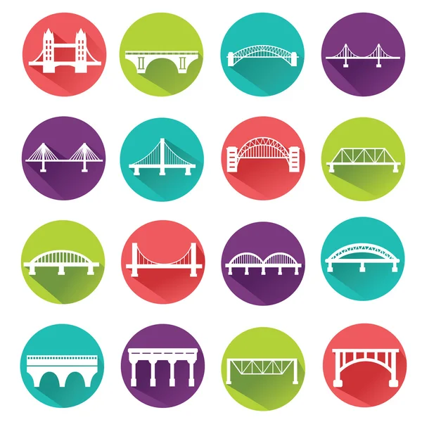 Vector colorful bridges big icons set with long shadow — Stock Vector