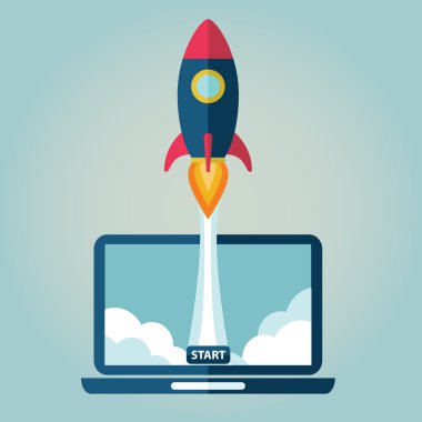 Flat rocket flying from laptop . Start up concept. Project development. clipart