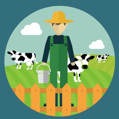 Çiftçi adam, inek çiftliği düz modern