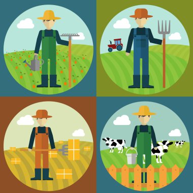 Çiftçi adam, inek çiftliği, saman, düz modern malzeme çekme