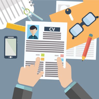 Vector illustration concept of human resources management, finding professional staff, head hunter job, employment issue and analyzing personnel resume.infographics clipart