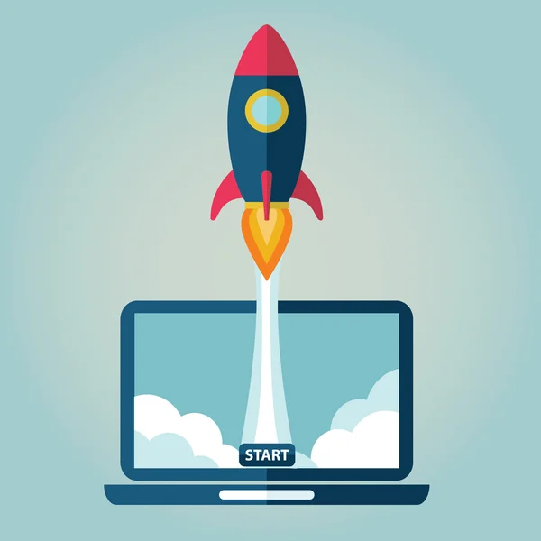 Lapos rakéta repül a laptop. Elkezd megjelöl koncepció. Projektfejlesztés. — Stock Vector