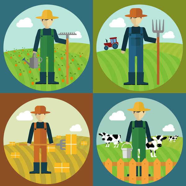 Фермер, корова ферма, сбор сена, квартира современная
