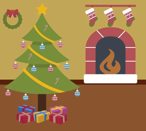 Illustratie van een kamer met een kerstboom en een open haard — Stockvector