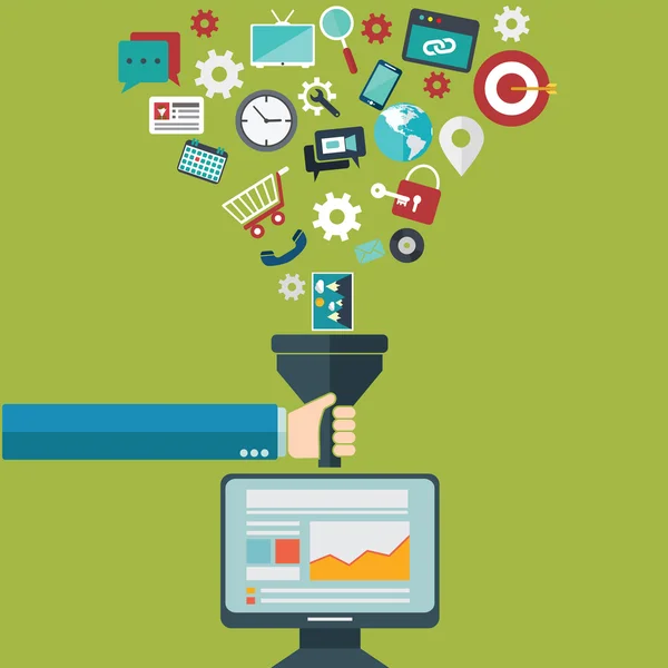 Conceitos de ilustração de design plano para processo criativo, filtro de big data, túnel de dados, conceito de análise — Vetor de Stock