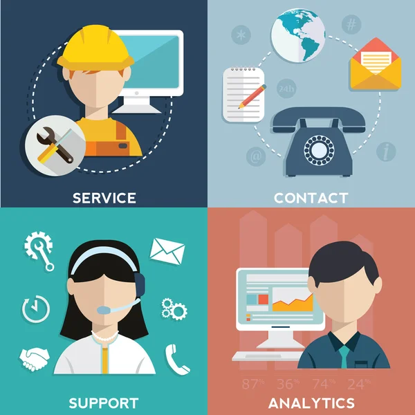 Business Customer Care Service-Konzept flach modernes Design kontaktieren Sie uns unterstützen Helpdesk-Service Anruf und Website-Klick für Infografiken — Stockvektor