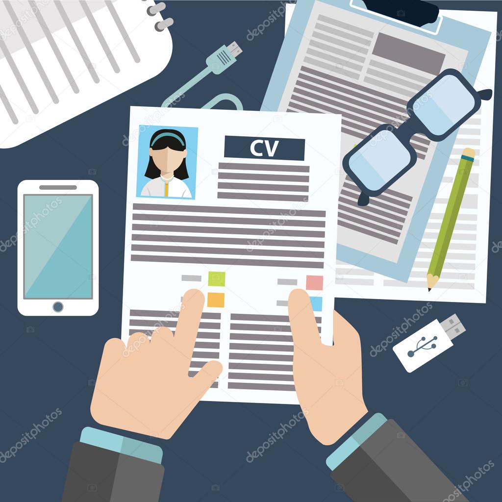 Vector illustration concept of human resources management, finding professional staff, head hunter job, employment issue and analyzing personnel resume.infographics