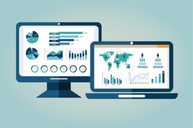 Web sitesi analitik arama bilgileri ve bilgi işlem veri analizi modern elektronik ve mobil cihazlar kullanarak düz tasarım modern vektör illüstrasyon kavramı.