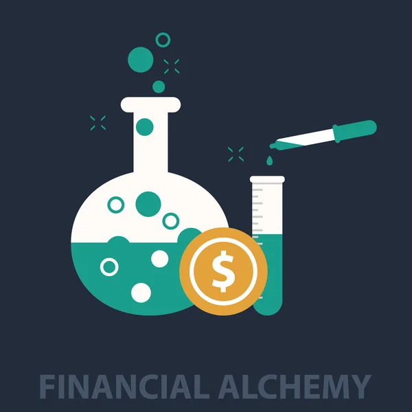 Make Money Konzept. Geschäftskonzept des Alchemie-Experiments zur Gewinnung von Geld und Ideen mit Laborgeräten in flachem Design — Stockvektor