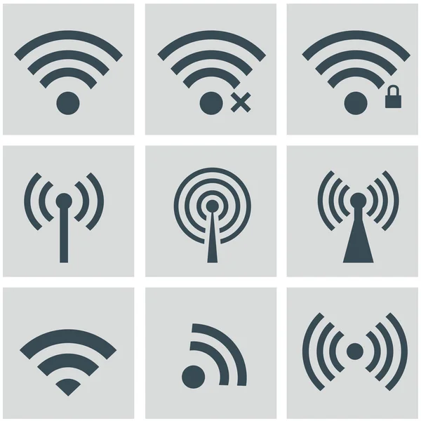 무선 접속 및 무선 전파를 통한 통신을 위한 무선 및 무선 아이콘 세트 — 스톡 벡터