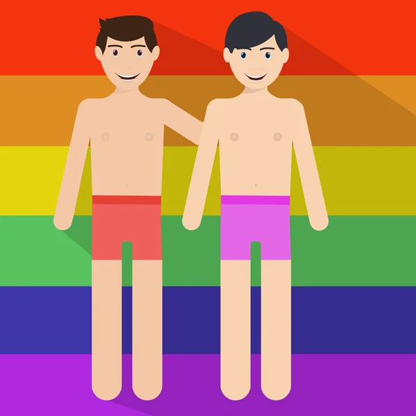 Gay casal no amor no arco-íris bandeira — Vetor de Stock