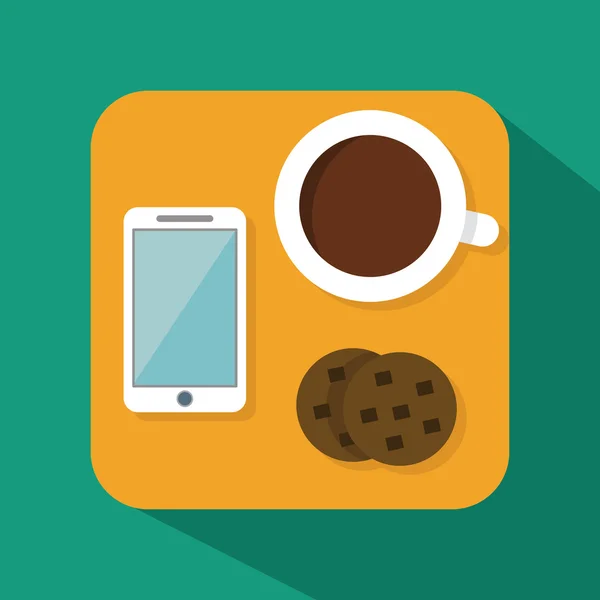 Xícara de café, celular e cookies —  Vetores de Stock