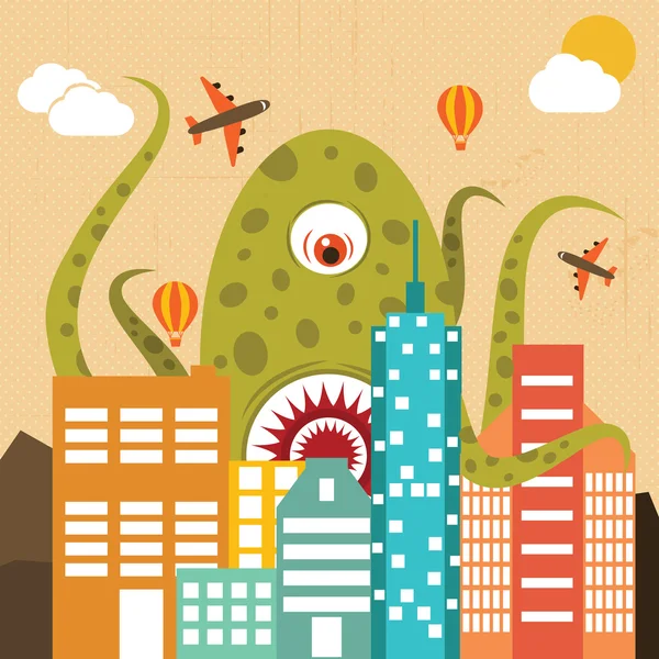 Enorme monstruo destruyendo ciudad — Vector de stock