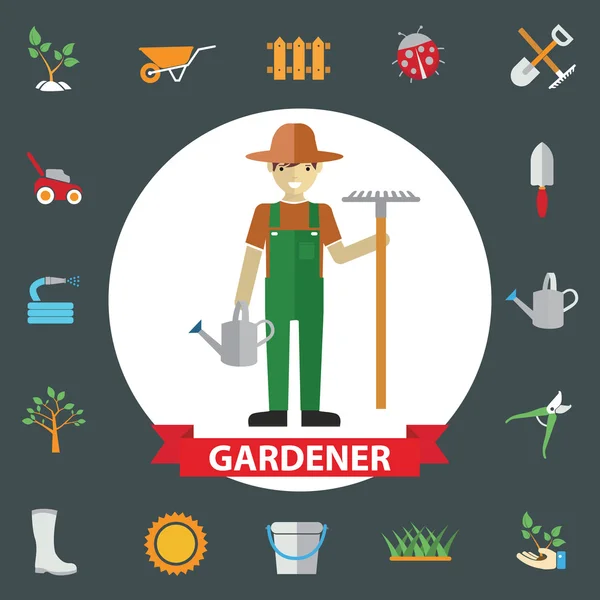 Tuinman permanent met tools. — Stockvector