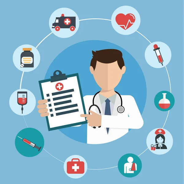 Médecin avec icônes médicales — Image vectorielle