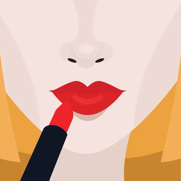 Poner lápiz labial rojo en los labios — Vector de stock