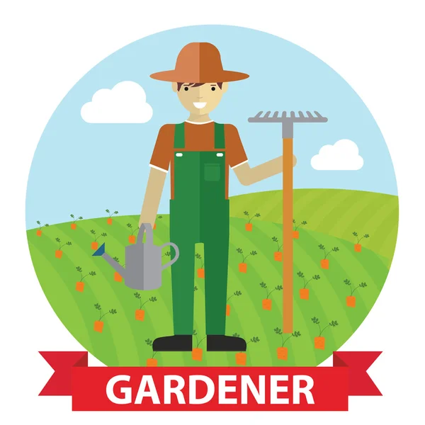 Bahagia tukang kebun berdiri dengan alat kebunnya - Stok Vektor