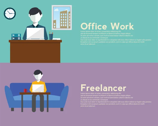 Freelance and Office work flat set — Stock Vector