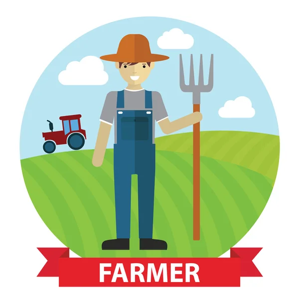 Agricultor de pie con su tenedor de excavación — Vector de stock