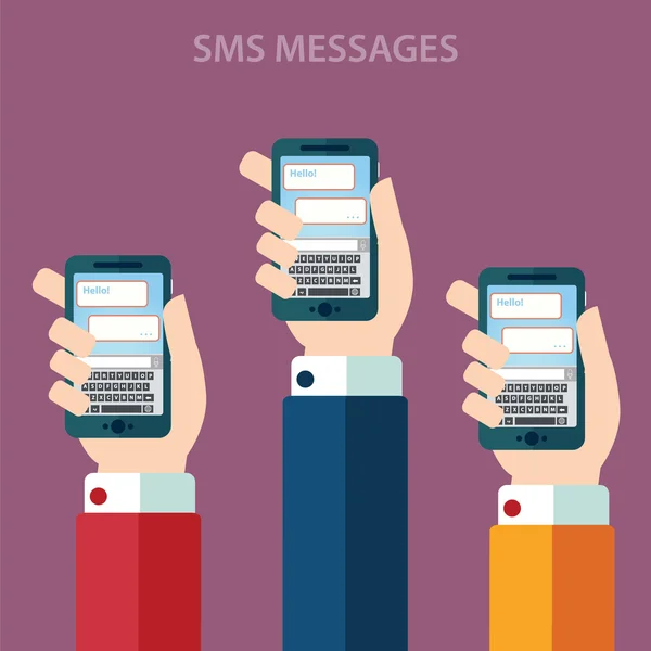 Mains tenant des smartphones avec sms — Image vectorielle