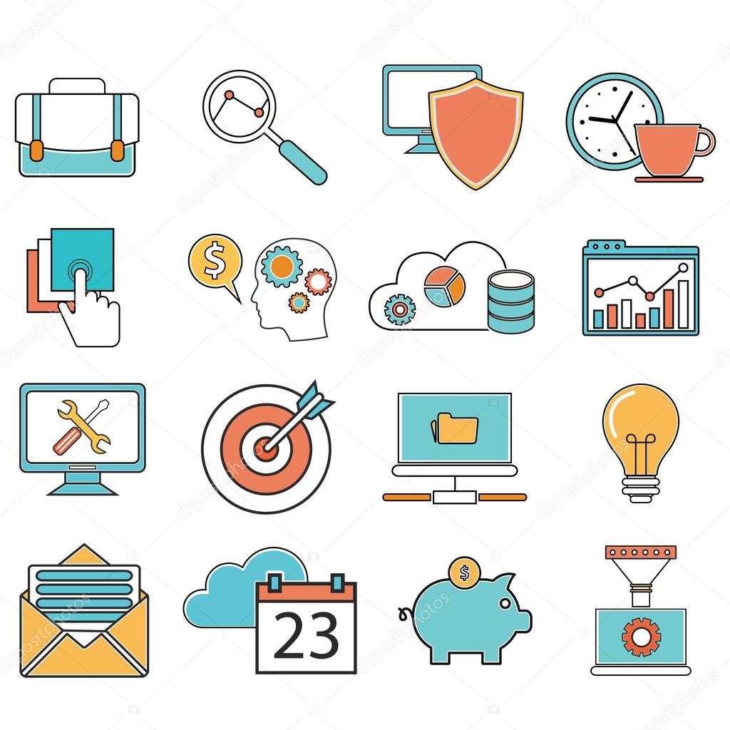 Line icons with flat design elements of business people organization, human resource management, company seminar training, career progress. Modern infographic vector logo pictogram collection concept.