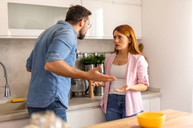 Genç bir çift mutfakta tartışıyor. Çatışma sırasında ya da evdeki anlaşmazlık sırasında hayal kırıklığına uğramış bir adama bakan bir kadın. İlişki sorunları, aile içi anlaşmazlık ve iletişim krizi. Stresli duygular.