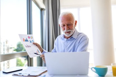 Üst düzey işadamı video görüşmeleri sırasında mali tabloları gösteriyor. Diz üstü bilgisayar kamerasıyla verileri ve grafikleri açıklayan yaşlı bir erkek yönetici. Profesyonel iş sunumu ve analiz kavramı.