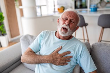 Kalp krizi belirtileri. Göğüs ağrısı çeken yaşlı bir adam, kalp kası sorunu olan insanlar, sağlık ve tıp konsepti. Emekli erkek, koltukta oturup göğsünde ağrı ve kalp yetmezliği hissediyor..