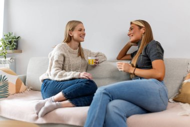 İki mutlu bayan arkadaş evdeki bir kanepede otururken konuşuyor ve gülüyorlar. Genç kadınlar kahve içip oturma odasında eğleniyorlar. Arkadaşlık, rahatlama ve rahatlama konsepti..
