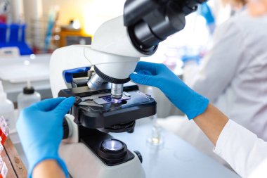 Laboratuvar, tıbbi araştırma ve analizde mikroskop kullanan bilim adamlarına yakın çekim. Sağlık ve tıp konsepti. Profesyonel laboratuar teknisyeni elleri mikroskobik inceleme için slaytı ayarlıyor.