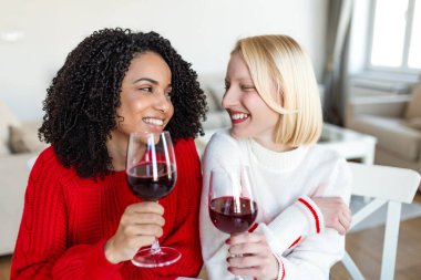 Çeşitli Kadın Arkadaşlar Kırmızı Şarap Kadehleri İçiyor ve Evlerinde Gülüyor. Mutlu Kadınlar Kutluyor, Şarap İçiyor ve Birbirinin arkadaşlığından zevk alıyor. Çoklu Etnik Dostluk ve Tatil Konsepti.