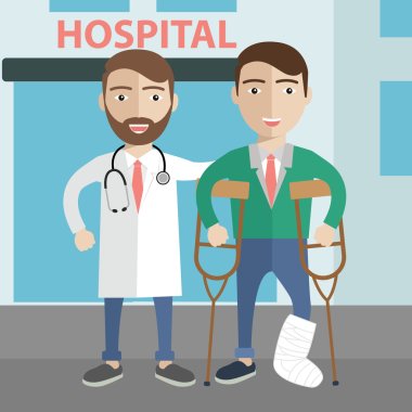 Man in crutches assisted by a doctor clipart