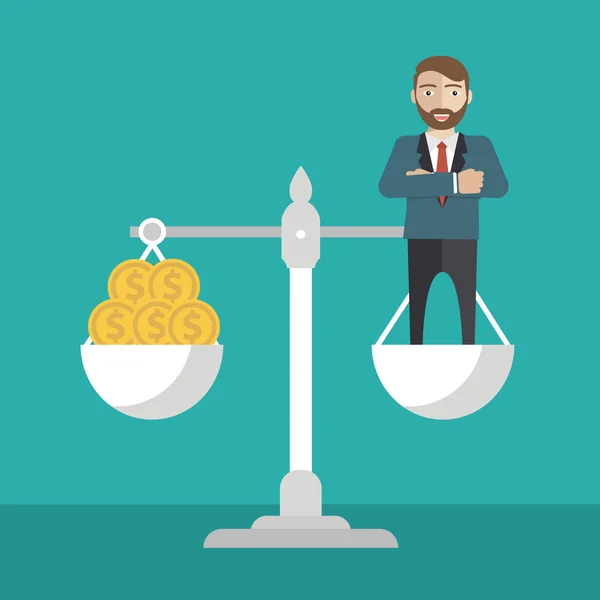 Équilibre homme d'affaires à l'échelle avec de l'argent — Image vectorielle