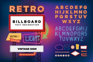 Vektör ayarla Retro neon tabela, vintage billboard, parlak tabela, ışık afiş
