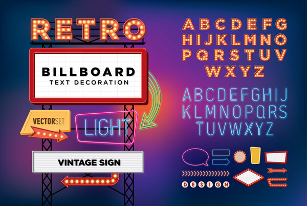 Векторный набор Retro неоновый знак, винтажный билборд, яркая вывеска, световое знамя
