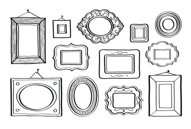 Vintage fotoğraf çerçeve kümesi vektör, el çizilmiş doodle style, dekorasyon ve tasarım için antik süs ve sevimli fotoğraf çerçeveleri