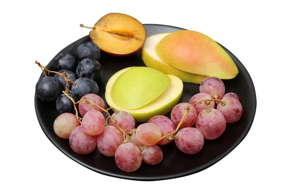 Fresh Fruits Grape Plum Apple Pear Plate — Stock Photo, Image