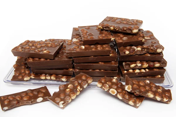 Chocolade Stukjes Een Witte Achtergrond — Stockfoto