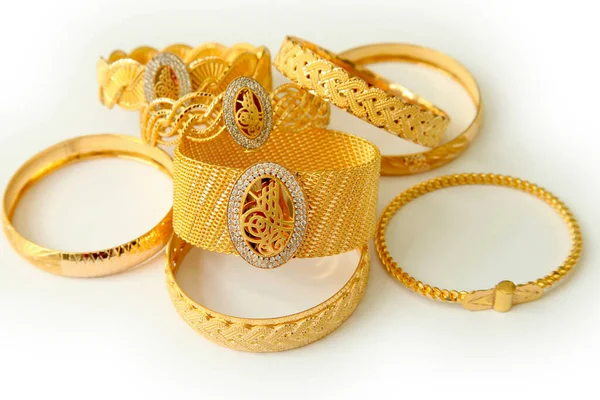 Gold Bracelets Studio Shoot Gold Jewelry Gems Concept — Stock Photo, Image