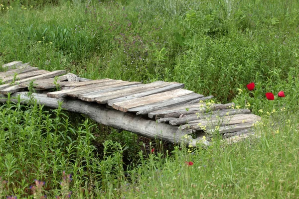 Yabani Çiçekler Eski Ahşap Köprü — Stok fotoğraf