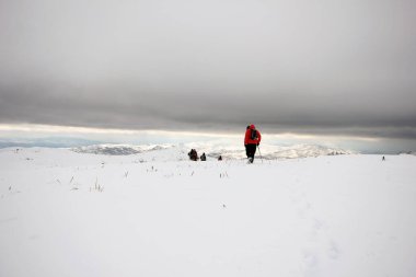 Dağlarda karla kaplı bir grup dağcı yürüyor.