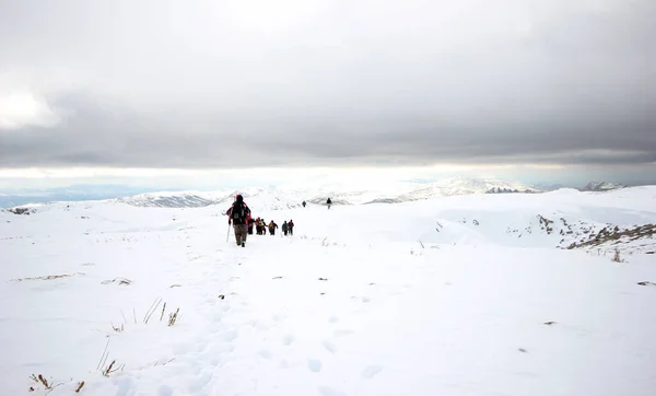 Gruppe Von Bergsteigern Wandert Durch Die Schneebedeckten Berge — Stockfoto