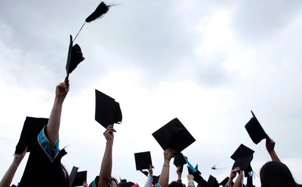 University Graduation Ceremony Caps Flying Air — Photo