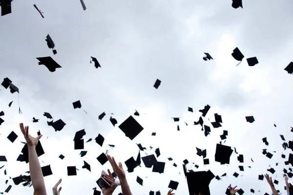 University Graduation Ceremony Caps Flying Air — Stok fotoğraf