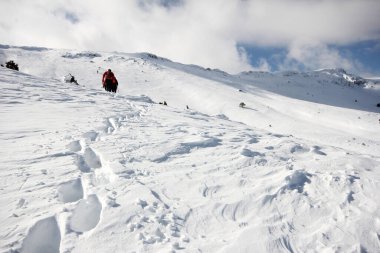 Dağlarda karla kaplı bir grup dağcı yürüyor.