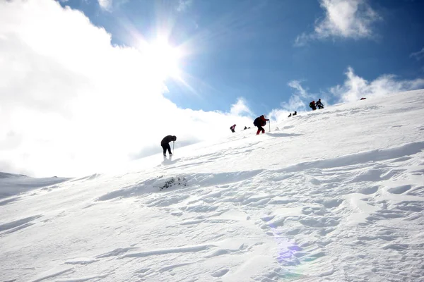 Dağlarda Karla Kaplı Bir Grup Dağcı Yürüyor — Stok fotoğraf