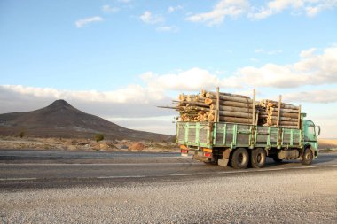 Kamyon kereste taşıyor. Kereste ihracatı ve nakliye kavramı.