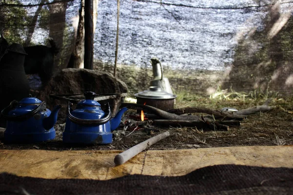 The life of nomadic people. Tea and food is cooked in the tent.
