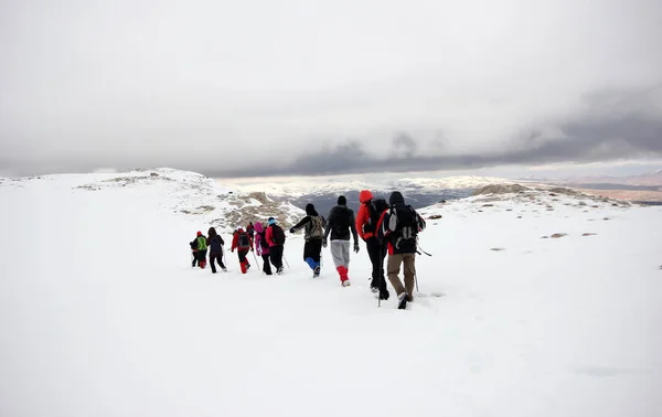 Grupo Montañistas Caminando Por Las Montañas Cubiertas Nieve —  Fotos de Stock